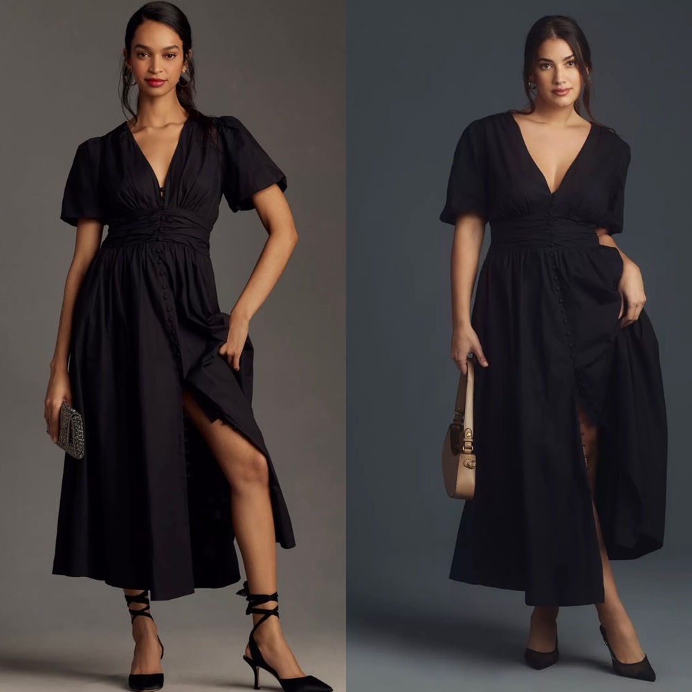 Anthropologie Black Midi Wrap Dress with Puff Sleeves-flaw on waist.